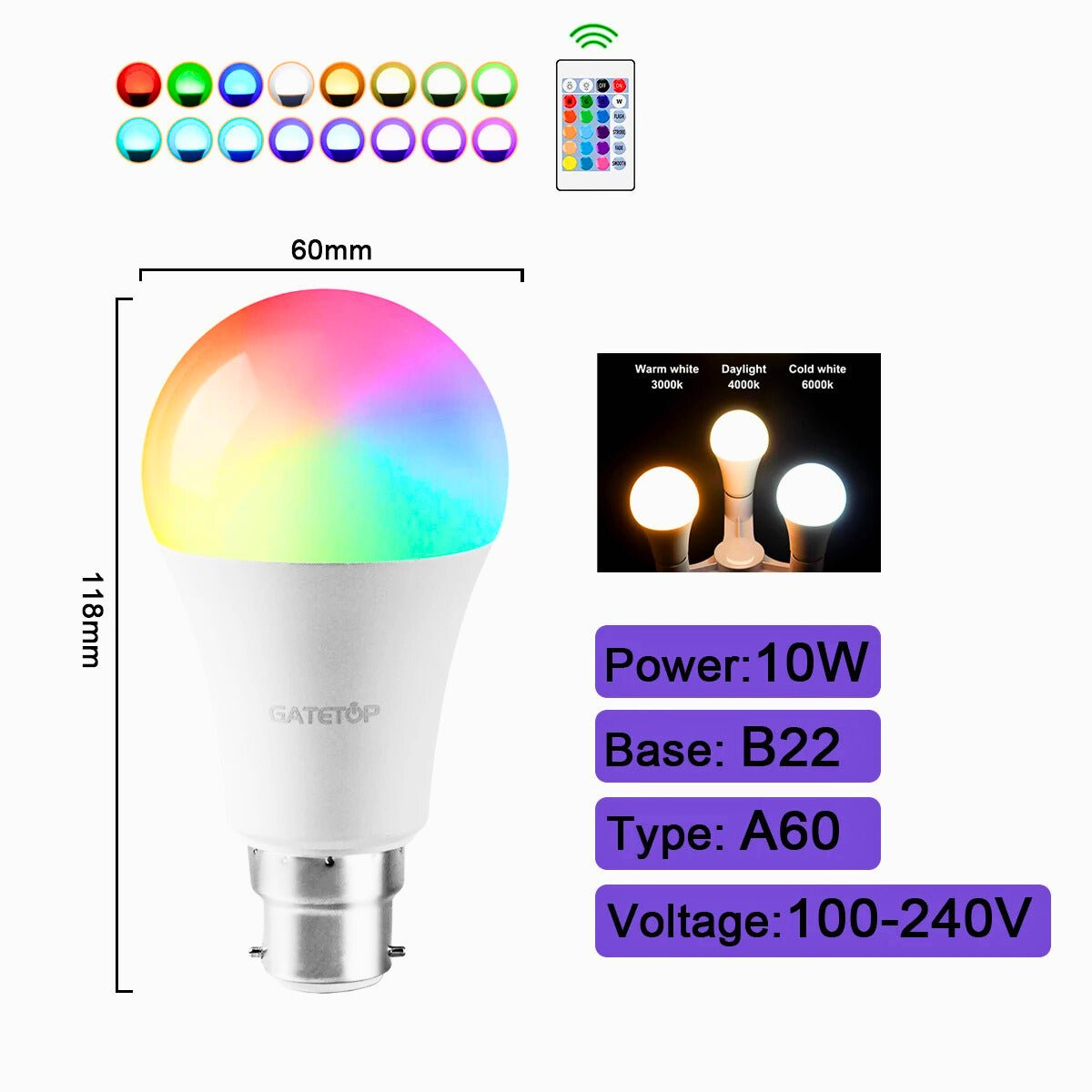 Smart RGBW Ambient Bulbs – 16+ Colors, Multi - Base, Remote - Controlled - Zeenova