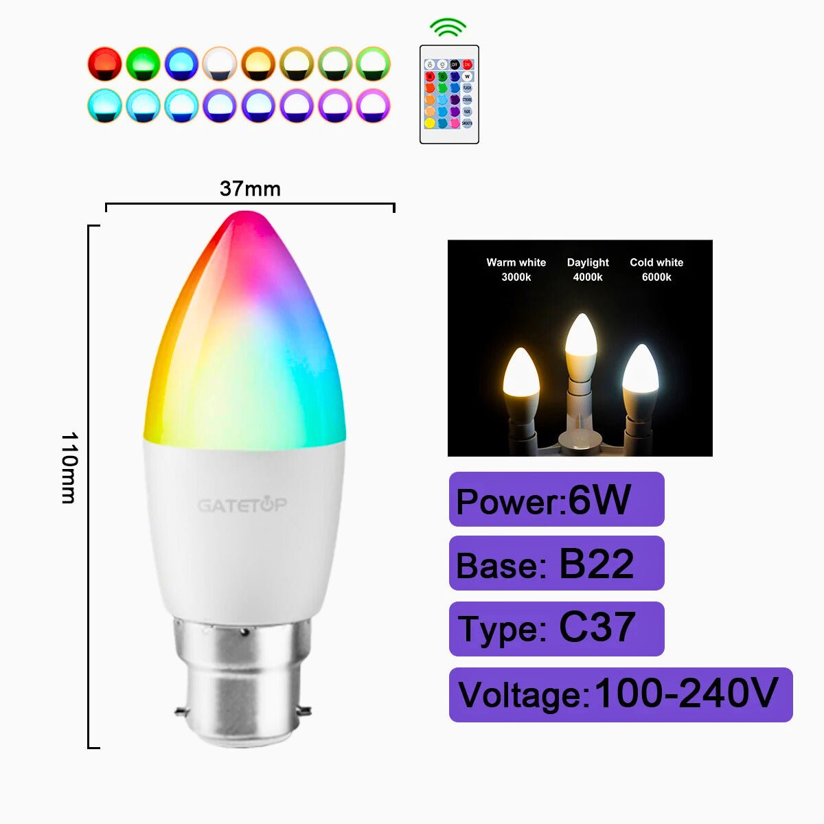 Smart RGBW Ambient Bulbs – 16+ Colors, Multi - Base, Remote - Controlled - Zeenova